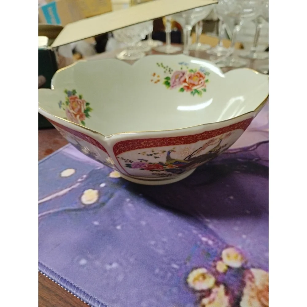 Vintage Satsuma Porcelain Peacock Flowers Lotus Leaf Scalloped Lip Bowl 7